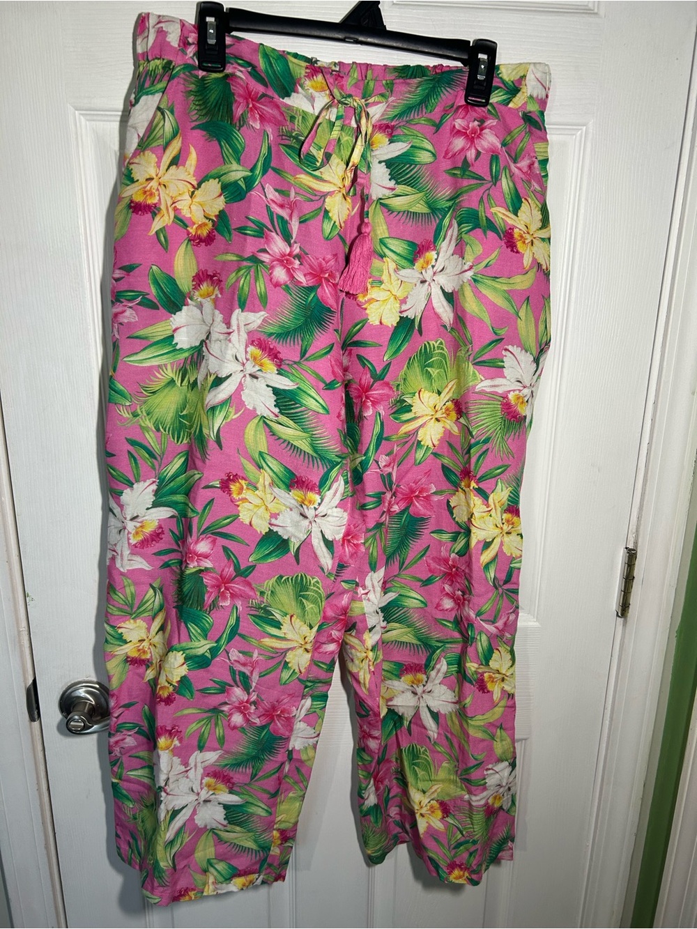 Tommy Bahama Tulum Blooms Tropical Print Linen Pants Women’s Large Elastic Waist
